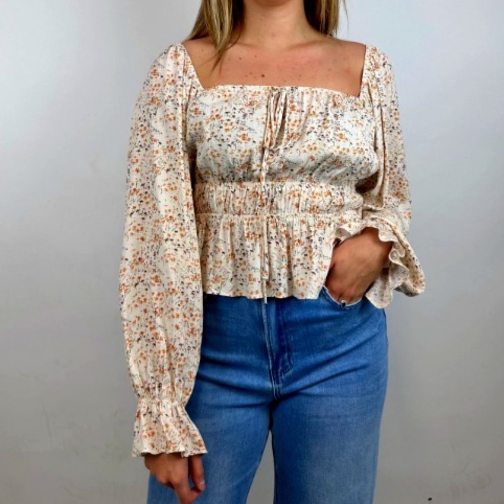 NWT Floral Long Sleeve Blouse with Ties
